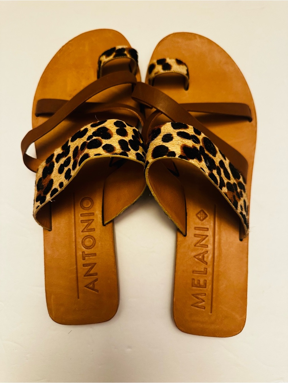 ANTONIO MELANI Leopard Print and Brown Leather Slide Sandals